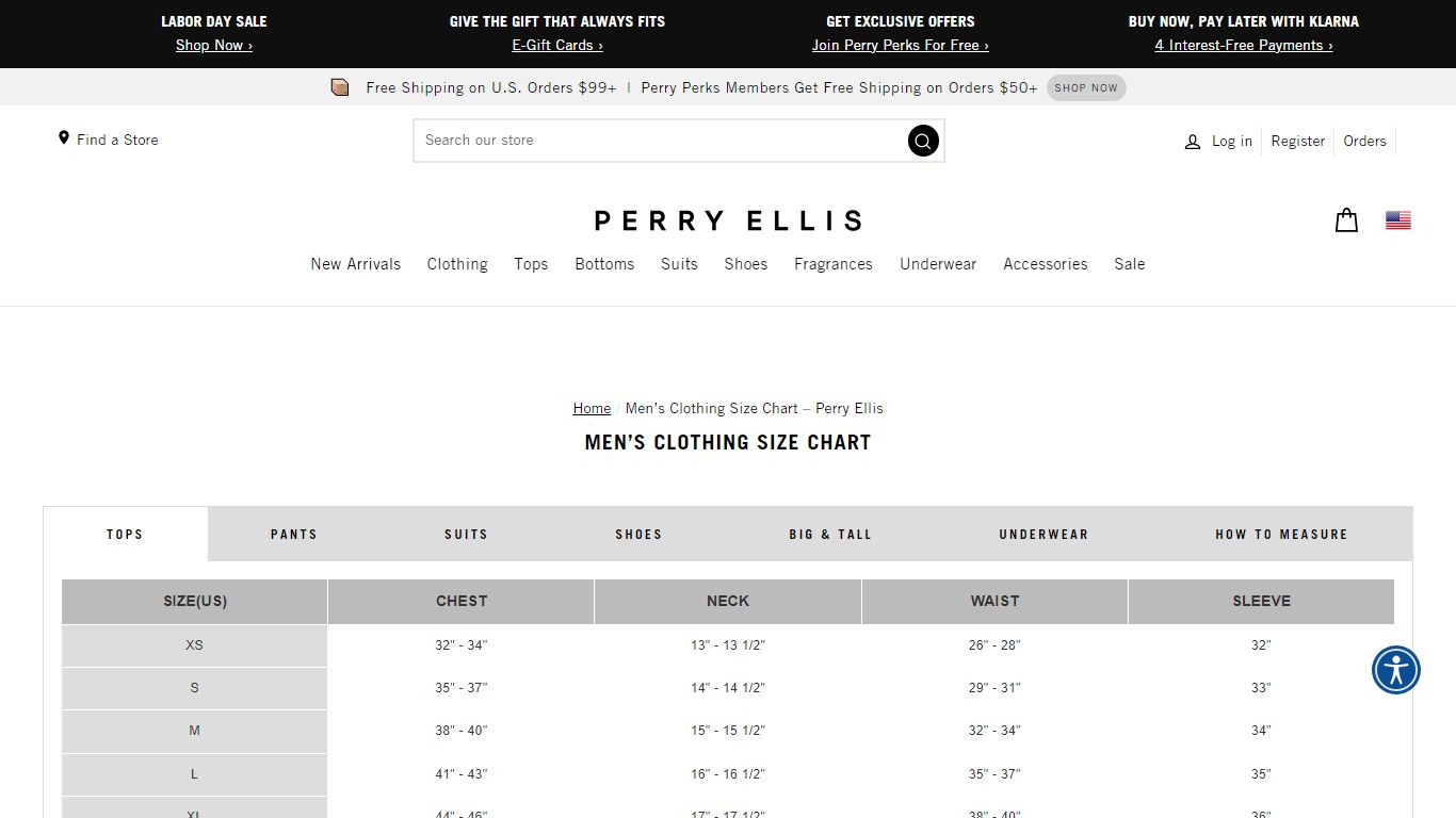 Men’s Clothing Size Chart – Perry Ellis